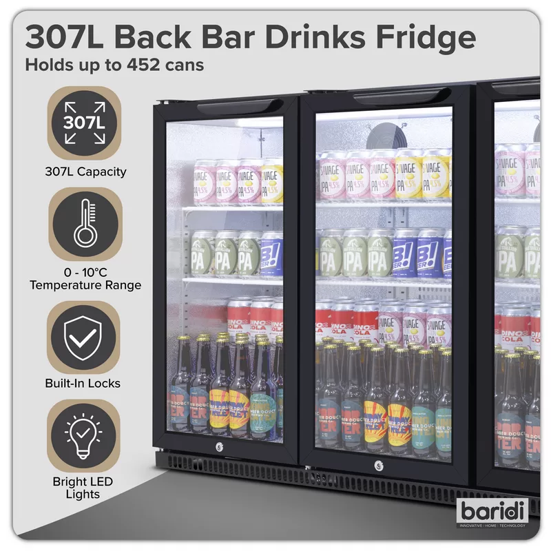 Sealey Baridi Back Bar Drinks Fridge/Cooler with Triple Hinged Door 307L - Black