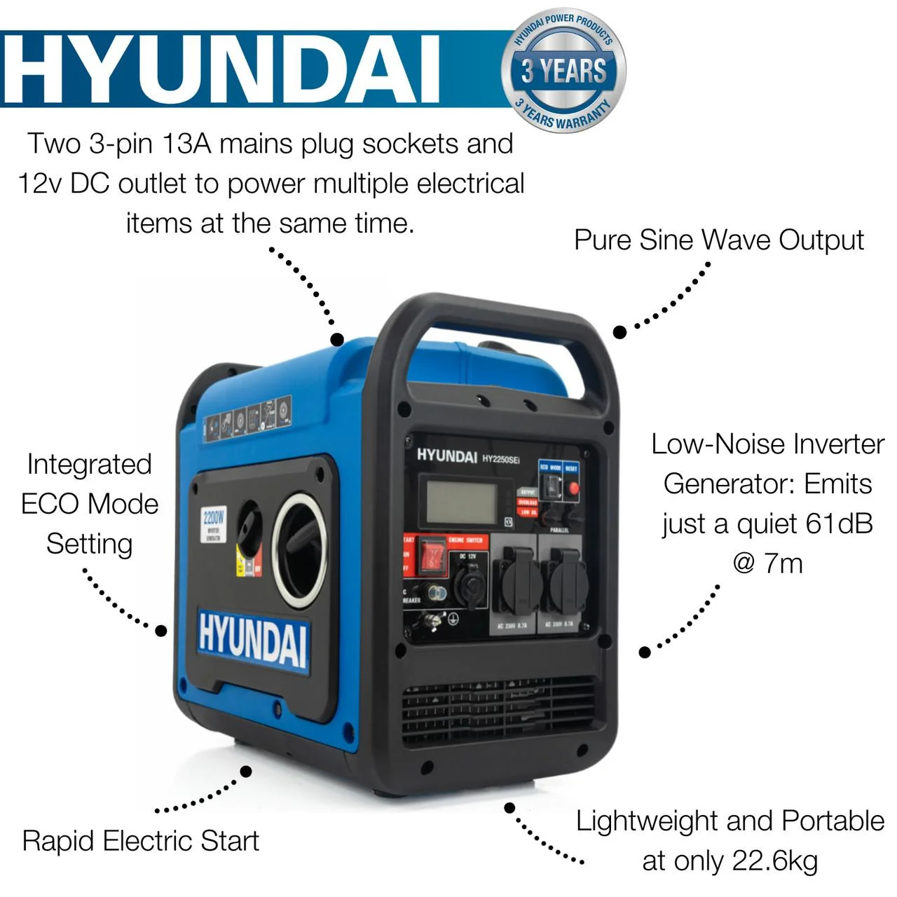 Hyundai 2.2kW Petrol Inverter Generator (Electric start)