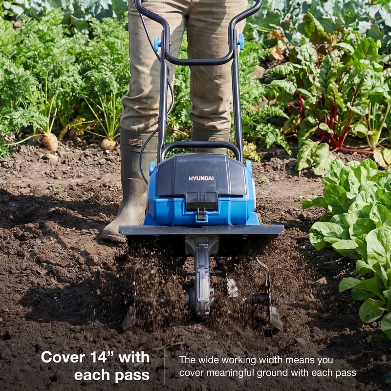 Hyundai 36cm / 14" 40V (20Vx2) Brushless Cordless Tiller, 4 Blades, 205mm Depth