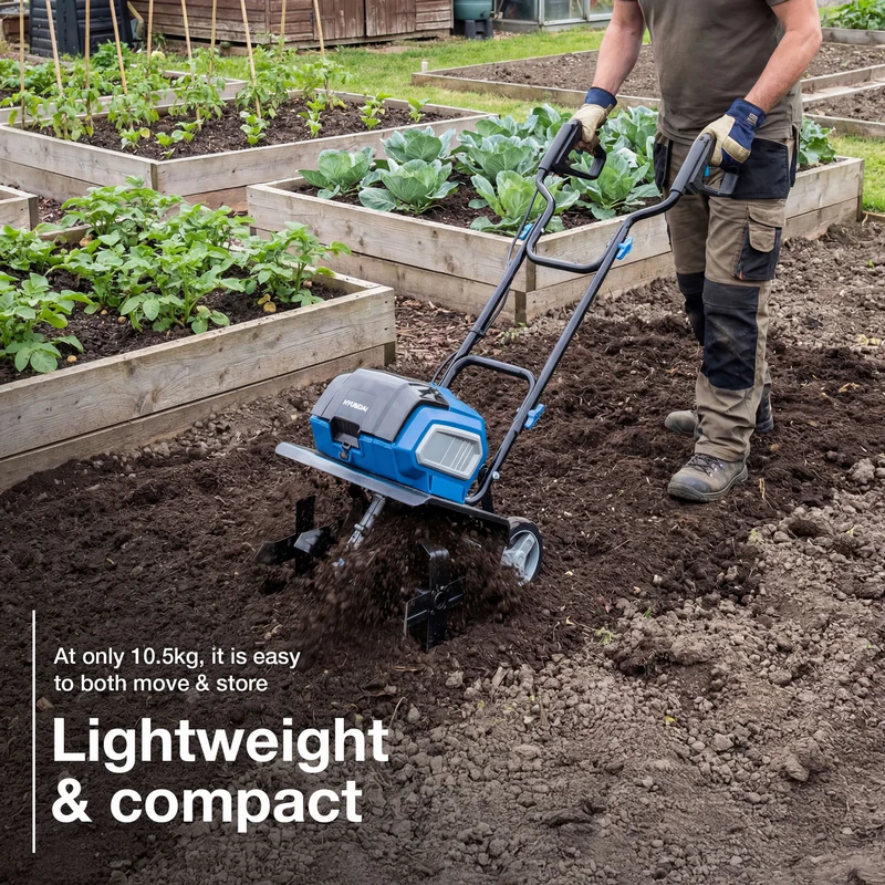 Hyundai 36cm / 14" 40V (20Vx2) Brushless Cordless Tiller, 4 Blades, 205mm Depth