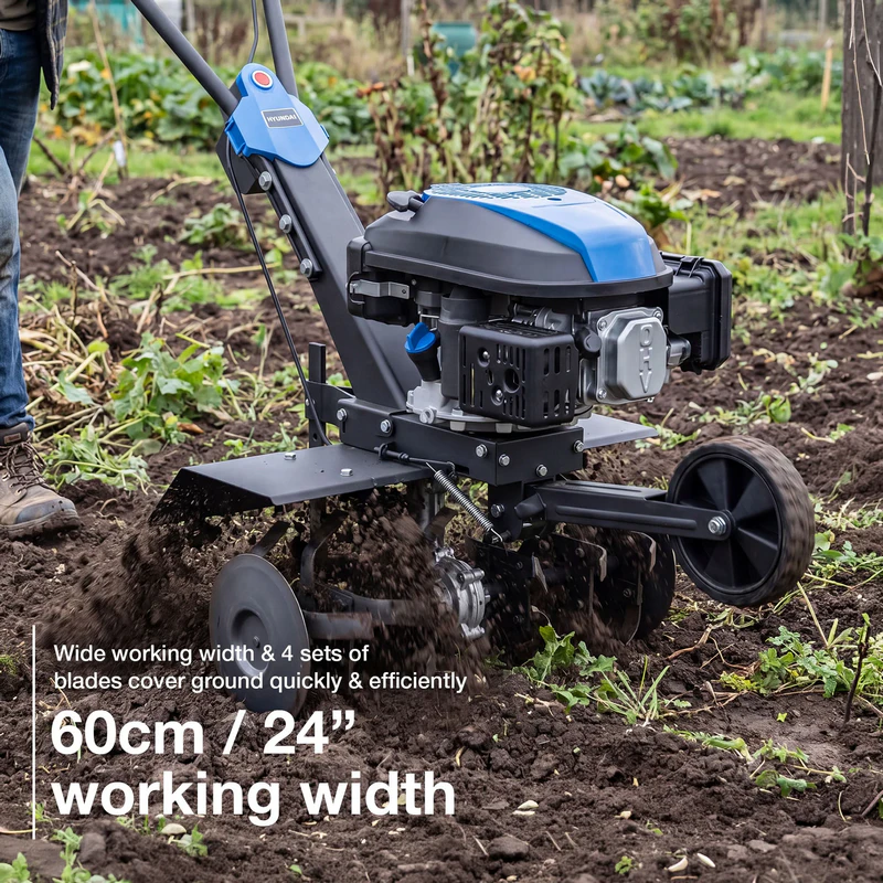 Hyundai 60cm / 24" Petrol Tiller, Electric Start, 173cc, 4 Blade Sets | HYT175EX