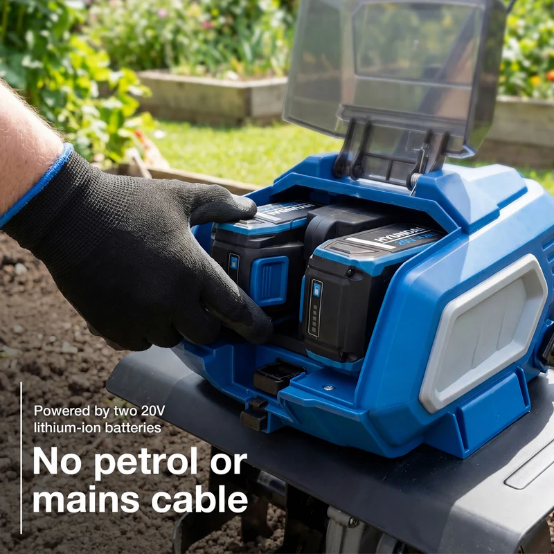 Hyundai 36cm / 14" 40V (20Vx2) Brushless Cordless Tiller, 4 Blades, 205mm Depth
