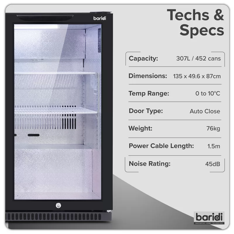 Sealey Baridi Back Bar Drinks Fridge/Cooler with Triple Hinged Door 307L - Black