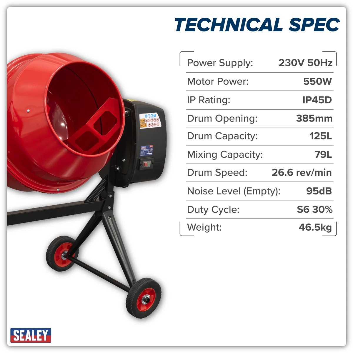Sealey 125L Cement Mixer 550W/230V