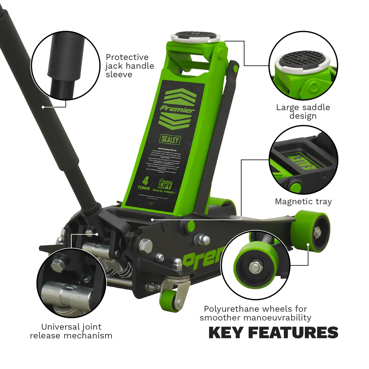 Sealey Premier Low Profile Trolley Jack with Rocket Lift 4 Tonne - Green