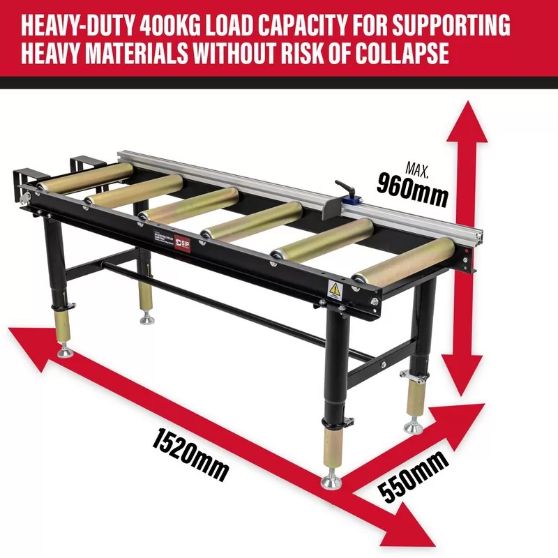 SIP Adjustable Roller Stand Table 1500x400mm 400kg