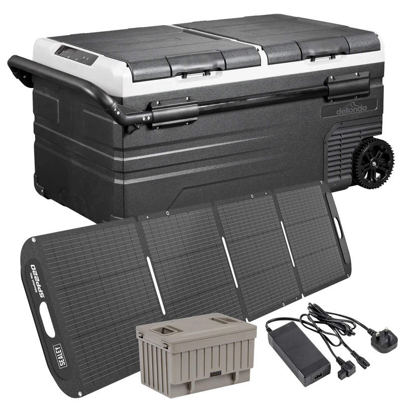 Sealey Portable Fridge Freezer/Cool Box 95L with 11.1V Portable Battery, AC/DC 230V Adaptor & 220W Solar Panel