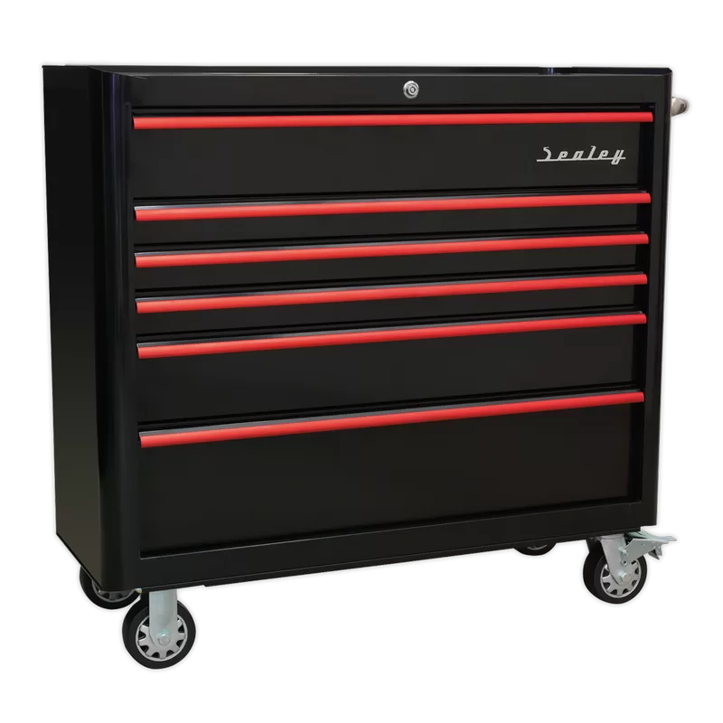 Sealey Premier™ Retro Style Wide Rollcab 6 Drawer - Black with Red Anodised Drawer Pulls