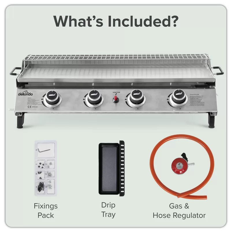 Sealey Dellonda 4 Burner Stainless Steel Portable Gas Plancha with Warming Rack 10kW