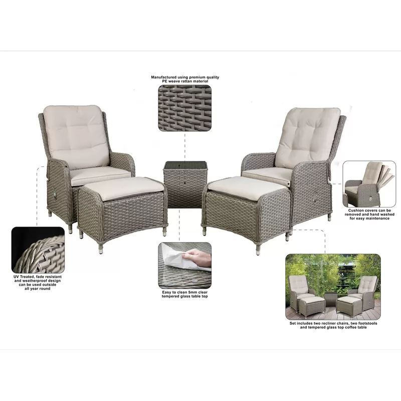Sealey Dellonda Chester Rattan Wicker Outdoor Recliner Loungers & Table Set 5pc