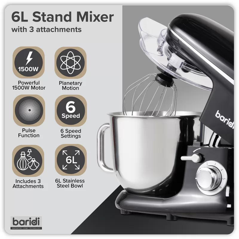 Sealey Baridi 1500W Stand Mixer with Accessories 6L - Black