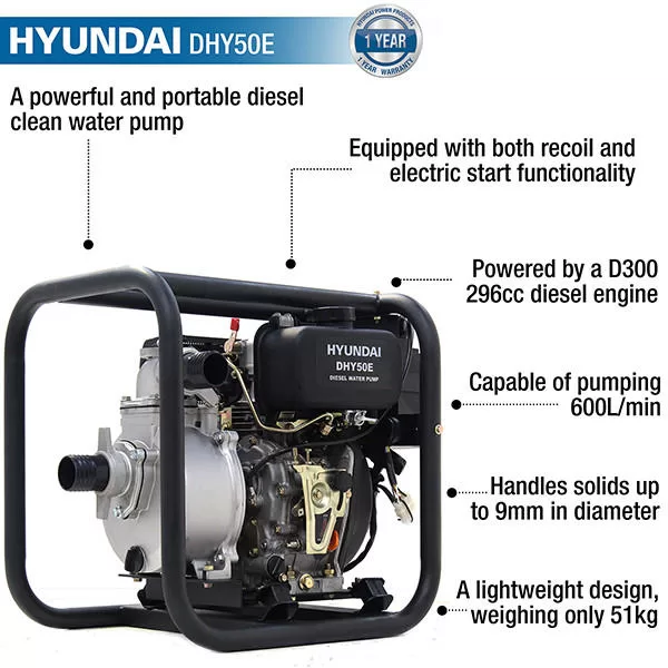 Hyundai 50mm 2''Diesel Water Pump, 33m Total Head, 8m Lift, 600L/min Flow Rate, 6hp, 221cc