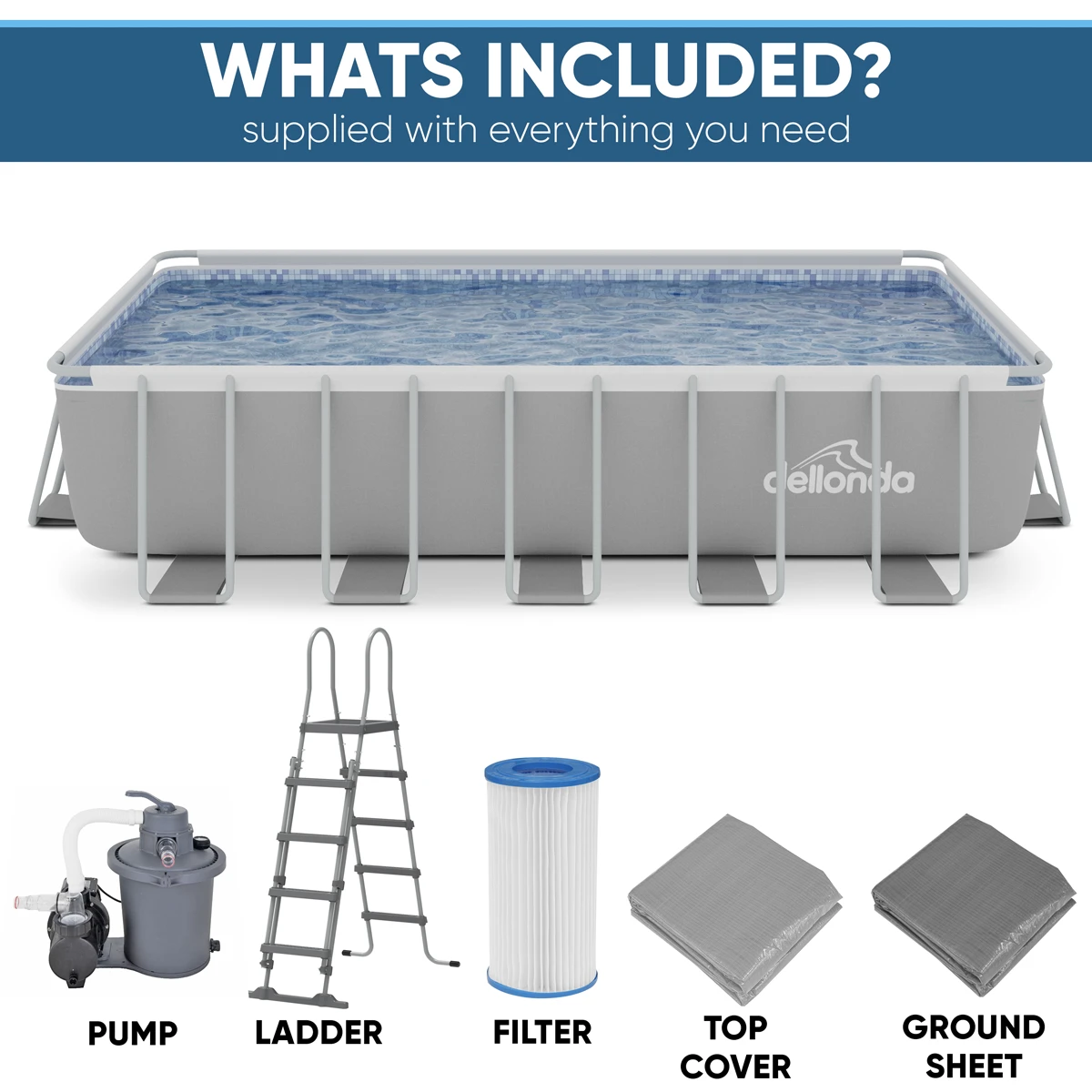 Sealey Dellonda Deluxe Steel Frame Rectangular Swimming Pool with Step Ladder & Filter Pump 21ft
