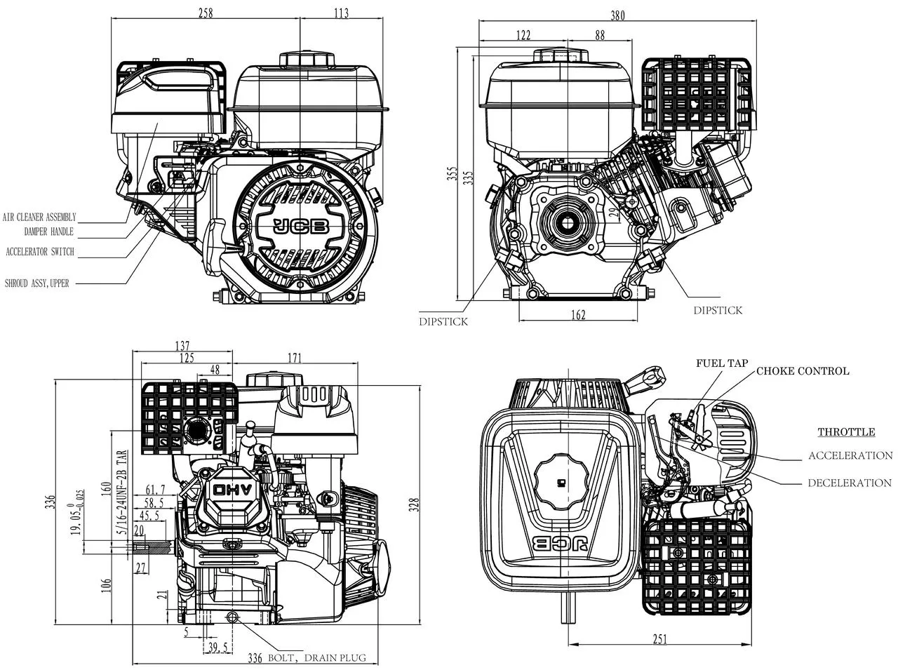 JCB 7.5hp 19.05mm, ¾” Petrol Engine, 224cc, 4 Stroke, OHV, Horizontal Shaft