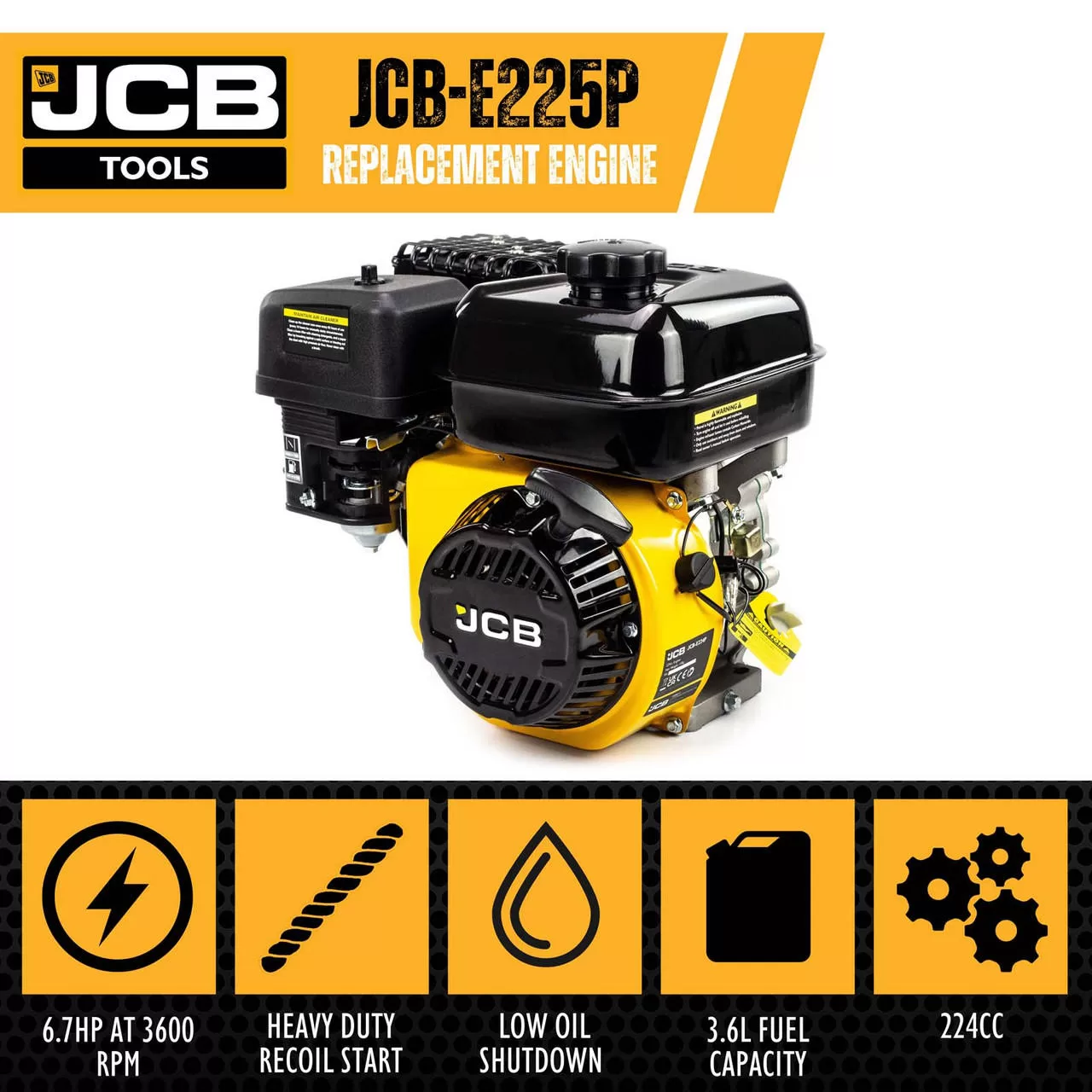JCB 7.5hp 19.05mm, ¾” Petrol Engine, 224cc, 4 Stroke, OHV, Horizontal Shaft