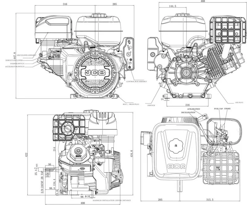 JCB 15hp 25.4mm 1” Petrol Engine, 457cc, 4 Stroke, OHV, Electric Start Horizontal Shaft