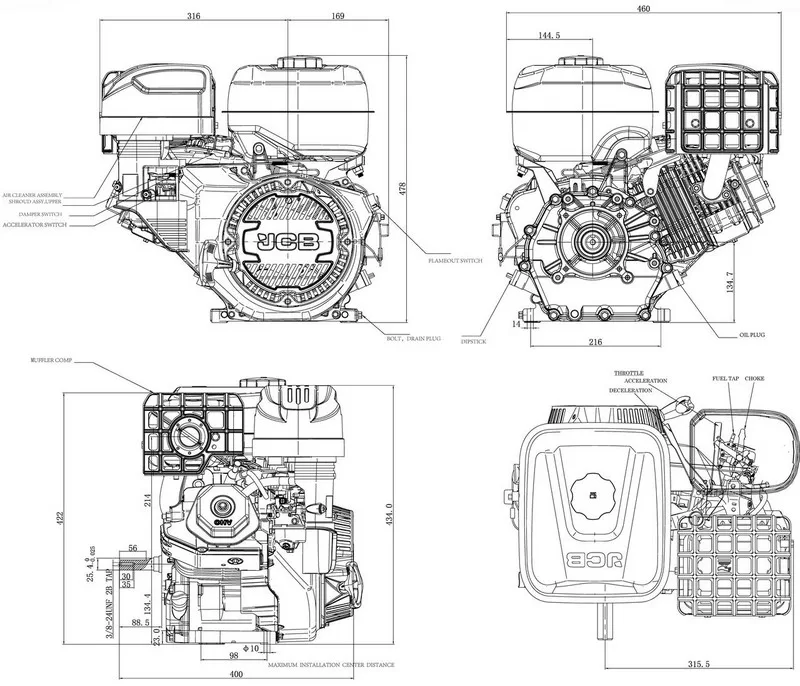 JCB 15hp 25.4mm 1” Petrol Engine, 457cc, 4 Stroke, OHV, Horizontal Shaft