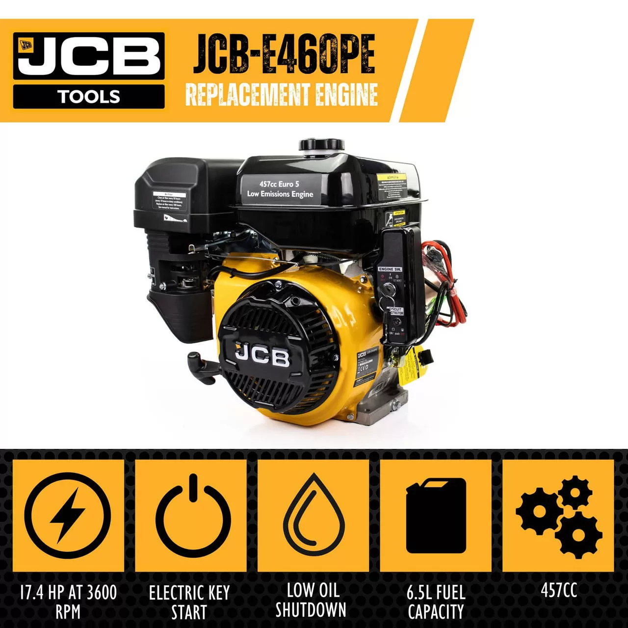 JCB 15hp 25.4mm 1” Petrol Engine, 457cc, 4 Stroke, OHV, Electric Start Horizontal Shaft