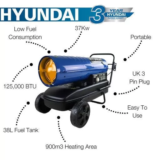 Hyundai 125,000BTU / 37kW Diesel or Kerosene Space Heater, 900m3 Coverage, Thermostat