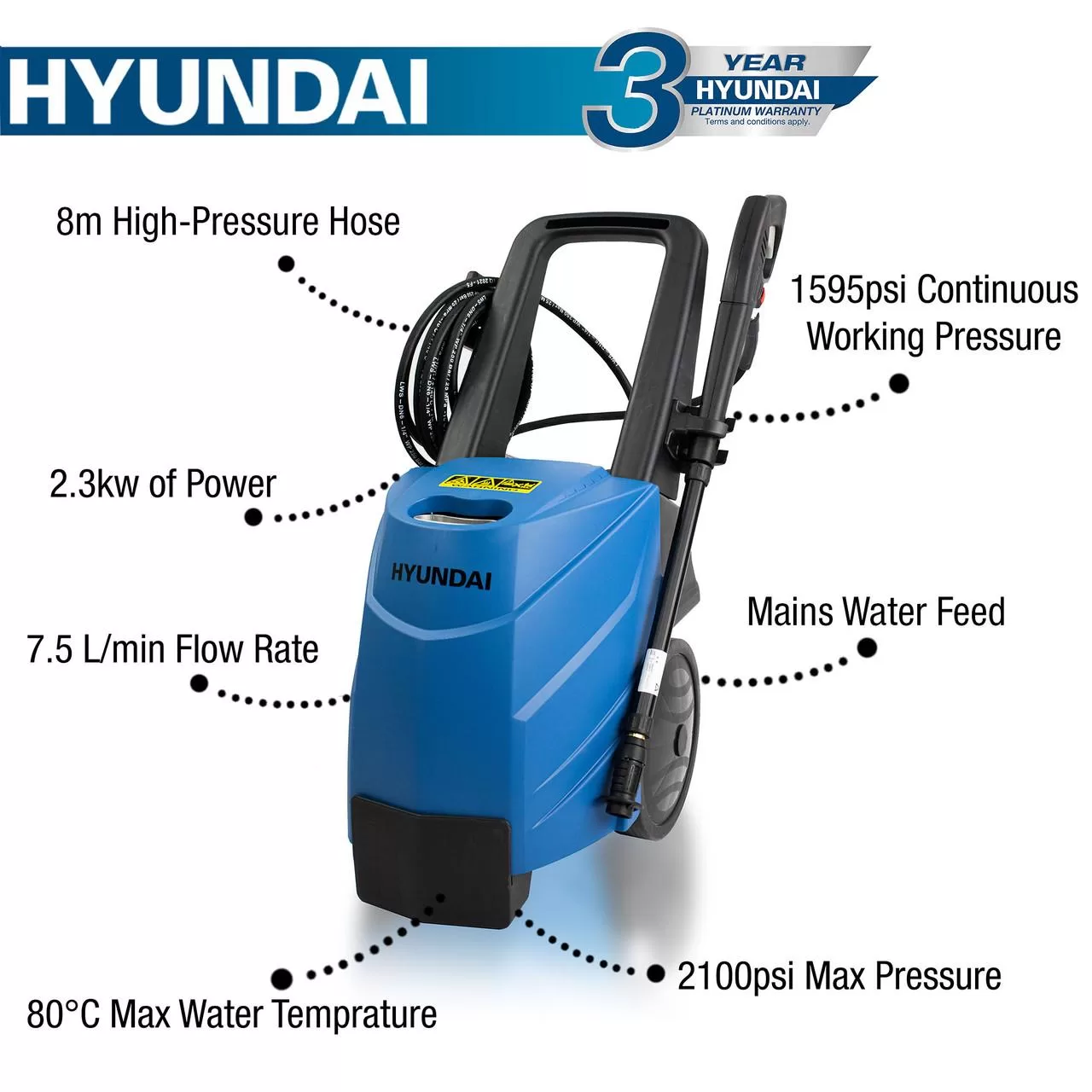 Hyundai 2100psi 145bar Hot Pressure Washer, 80°C 2.3kW Power Jet Washer