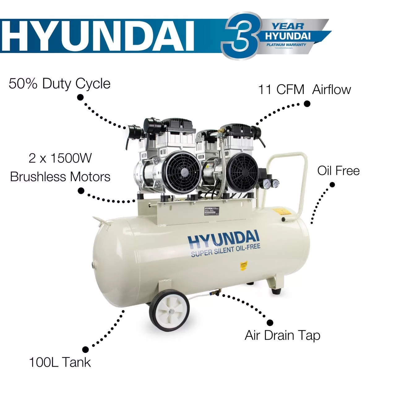 Hyundai 4hp 100L Oil Free Low Noise Electric Air Compressor 22CFM 145psi Direct Drive