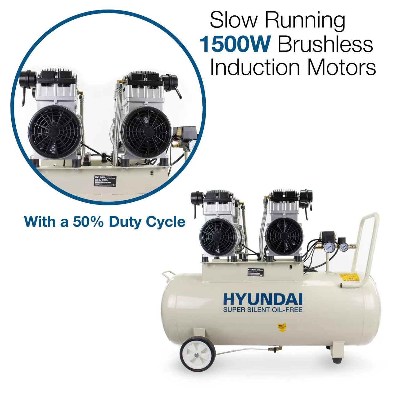 Hyundai 4hp 100L Oil Free Low Noise Electric Air Compressor 22CFM 145psi Direct Drive