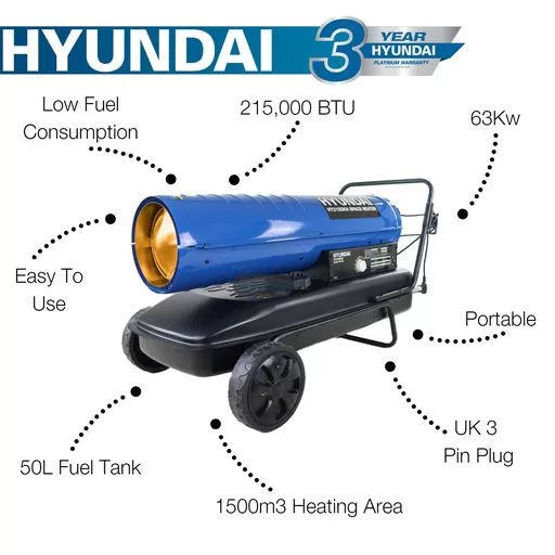 Hyundai 215,000 / 63kW Diesel or Kerosene Space Heater, 1500m3 Coverage, Thermostat
