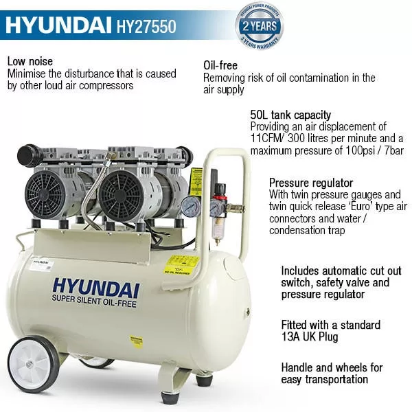 Hyundai 1500W 50L Oil Free Low Noise Portable Electric Air Compressor 11CFM 118psi