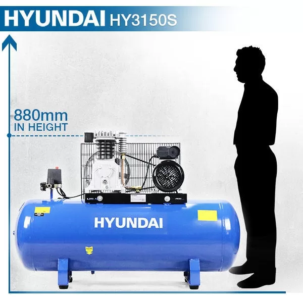 Hyundai 3hp 150L Low Noise Air Compressor 14CFM 145psi Twin Cylinder Belt Drive