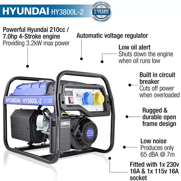 Hyundai 3.2kW / 4kVA* Petrol Site Open Generator with Recoil Start