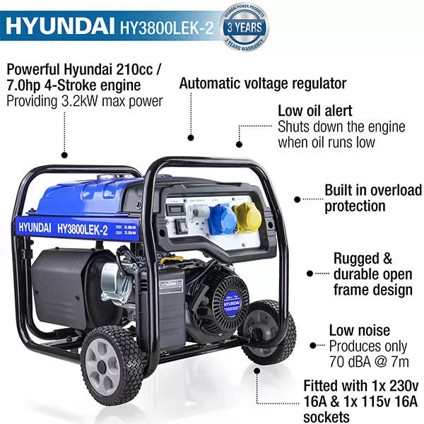 Hyundai 3.2kW / 4kVA* Petrol Site Open Generator with Electric, Recoil Start & Wheel Kit