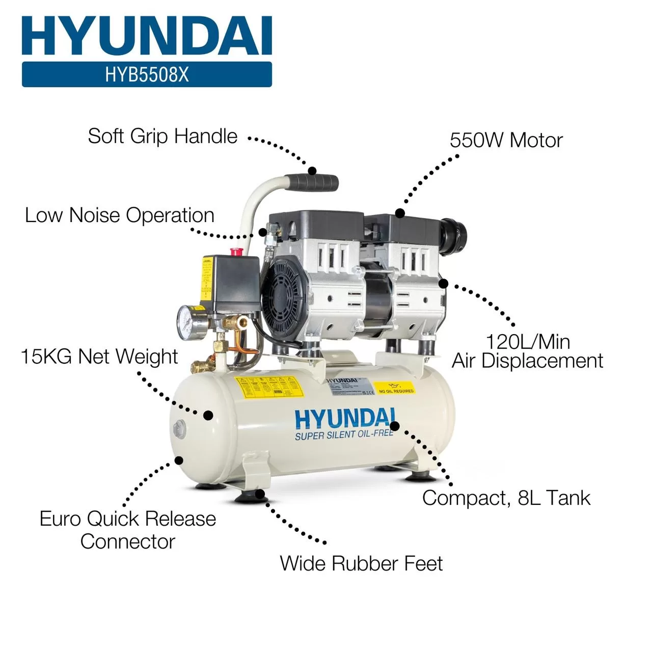 Hyundai 550W 8L Oil Free Low Noise Portable Air Compressor 4CFM 100psi Direct Drive