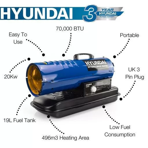 Hyundai 70,000BTU / 20kW Diesel or Kerosene Space Heater, 496m3 Coverage, Thermostat