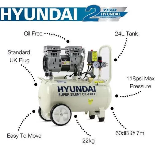 Hyundai 750W 24L Oil Free Low Noise Portable Air Compressor 5.2CFM 118psi Direct Drive