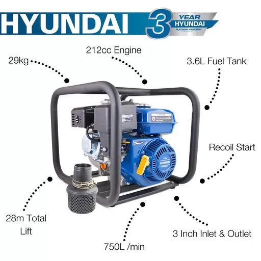 Hyundai 80mm 3" Petrol Clean Water Pump, 28m Total Head, 7m Lift, 966L/min Flow Rate