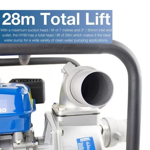 Hyundai 80mm 3" Petrol Clean Water Pump, 28m Total Head, 7m Lift, 966L/min Flow Rate