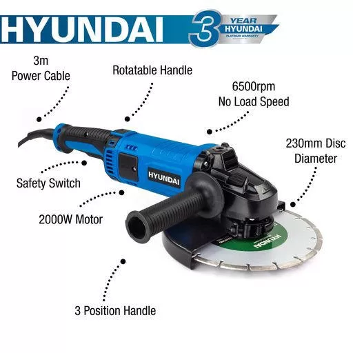 Hyundai 2000W Electric Angle Grinder 230mm Disk, Quick release, 220-240V