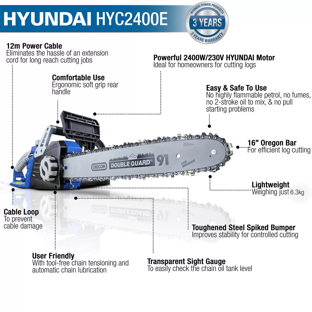 Hyundai 16" 40cm Electric Chainsaw 2400W 230V
