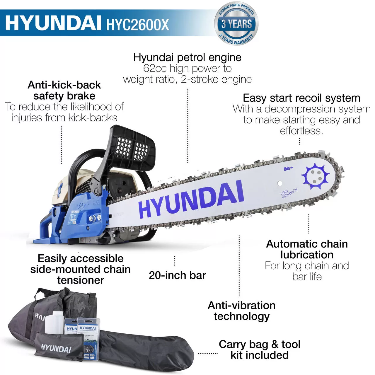 Hyundai 20" 50cm 62cc Petrol Chainsaw, 2-Stroke Easy-Start