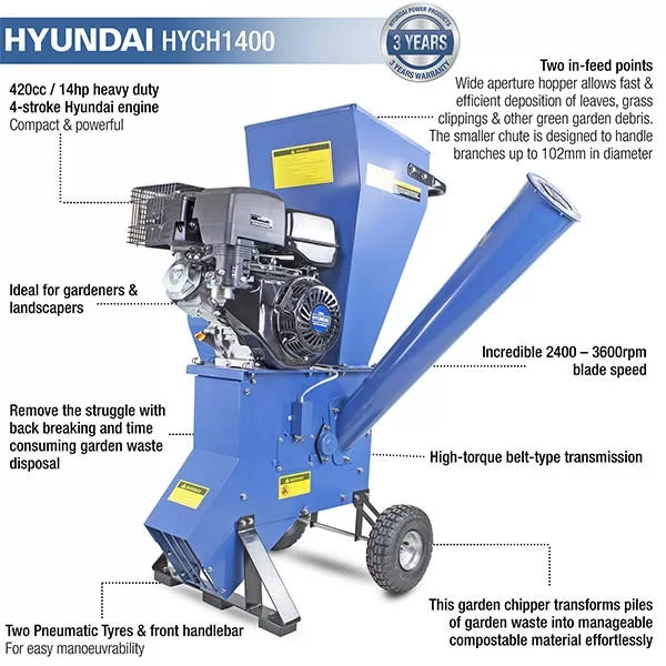 Hyundai 420cc 102mm Petrol Garden Wood Chipper, Shredder, Mulcher 4-Stroke Engine