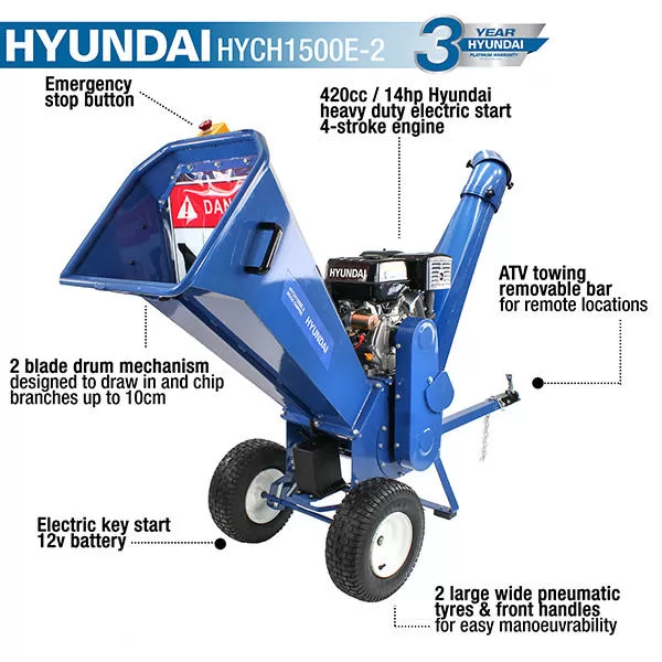 Hyundai 420cc 100mm Petrol Wood Chipper Shredder, Mulcher, 4-Stroke Engine