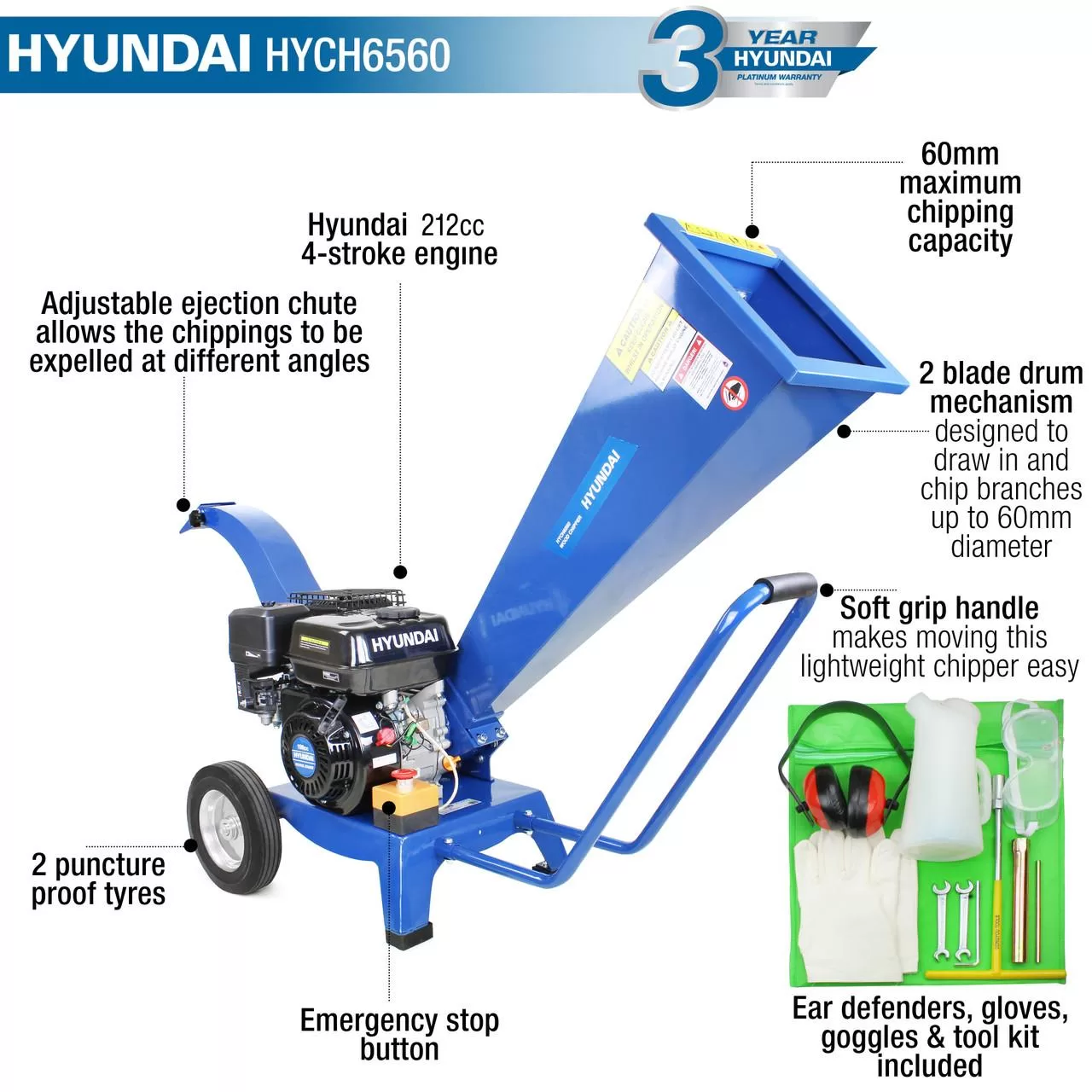 Hyundai 212cc 60mm Petrol Garden Wood Chipper