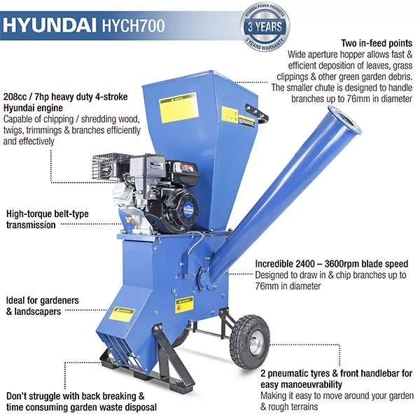 Hyundai 208cc 76mm Petrol Garden Wood Chipper, Shredder, Mulcher 4-Stroke Engine
