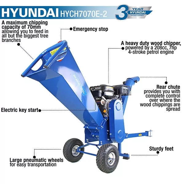 Hyundai 212cc 70mm Petrol Wood Chipper 7hp Electric Start 4-Stroke
