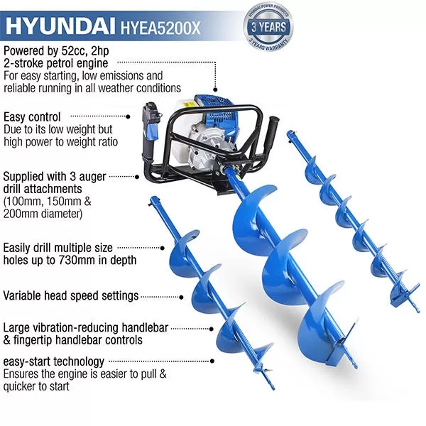 Hyundai 52cc Petrol Earth Auger, Post Hole Borer