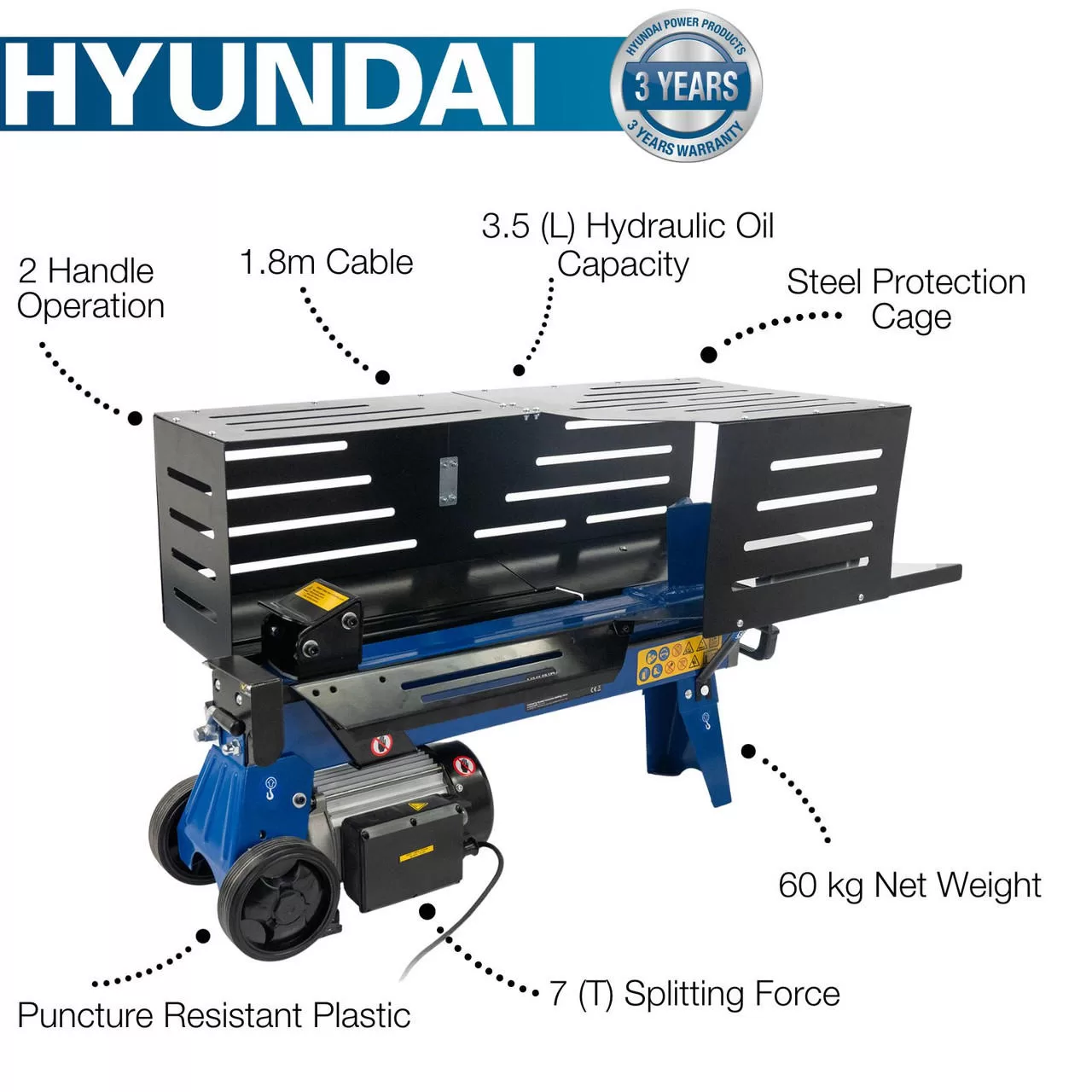 Hyundai 7 Tonne Horizontal Electric Log Splitter with Hydraulic Ram, Steel Protection Cage 520mm