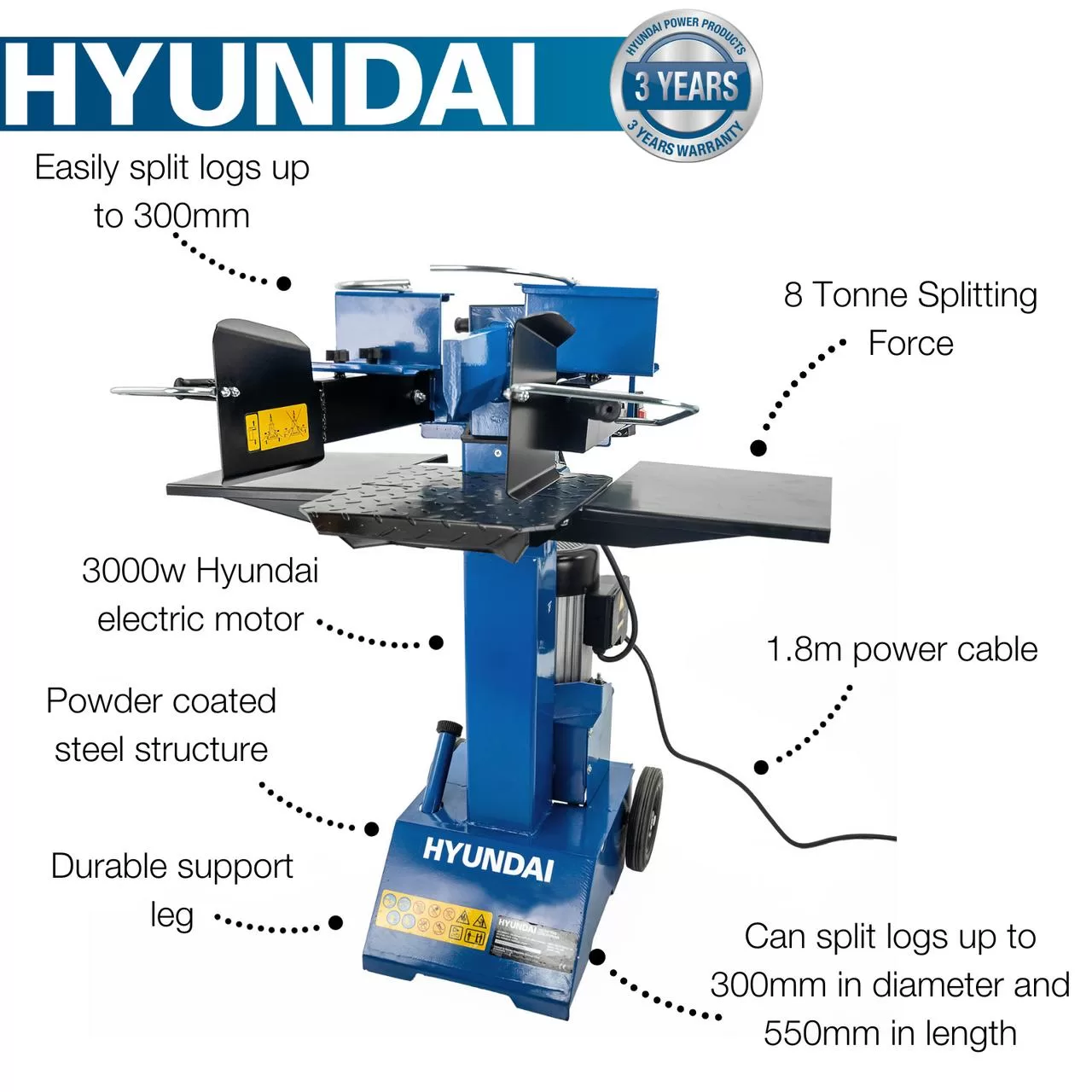 Hyundai 8 Tonne Vertical Electric Log Splitter with Hydraulic Ram, Dual Handle Control