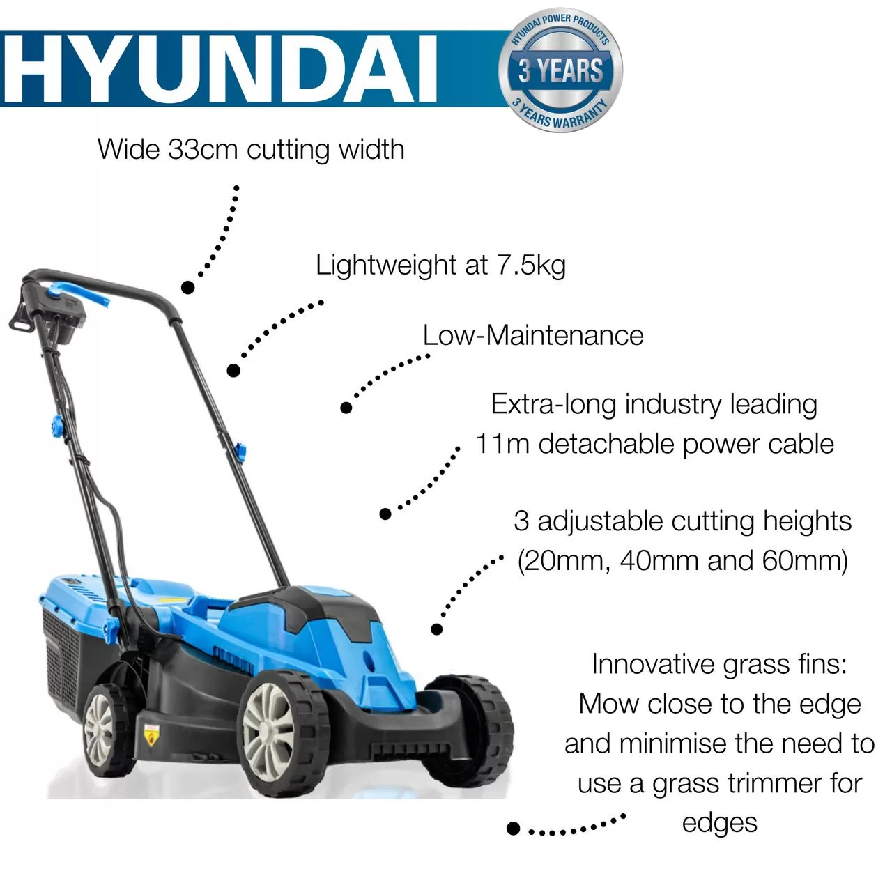 Hyundai 33cm 1300W Electric Lawn Mower, 11m Detachable Power Cable, 3 Heights & 30L Collection Bag