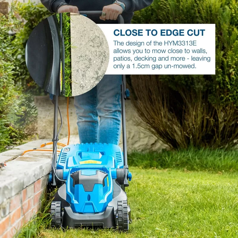 Hyundai 33cm 1300W Electric Lawn Mower, 11m Detachable Power Cable, 3 Heights & 30L Collection Bag