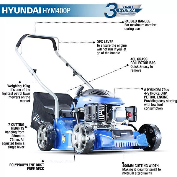 Hyundai Petrol Lawnmower 79cc 400mm Push Rotary